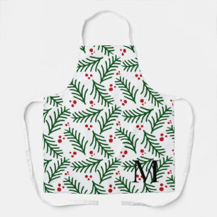 Christmas Greenery Berries INITIAL Modern Holiday Apron