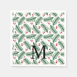 Christmas Greenery Berries INITIAL Modern Holiday Napkin