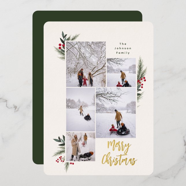 Christmas Greenery Berry Frame 5 Photo Foil Holiday Card (Front/Back)