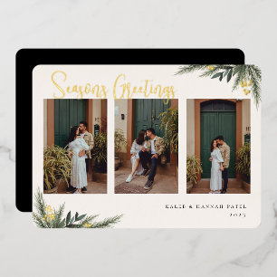 Christmas Greenery Berry Frame Photo Collage Foil Holiday Card