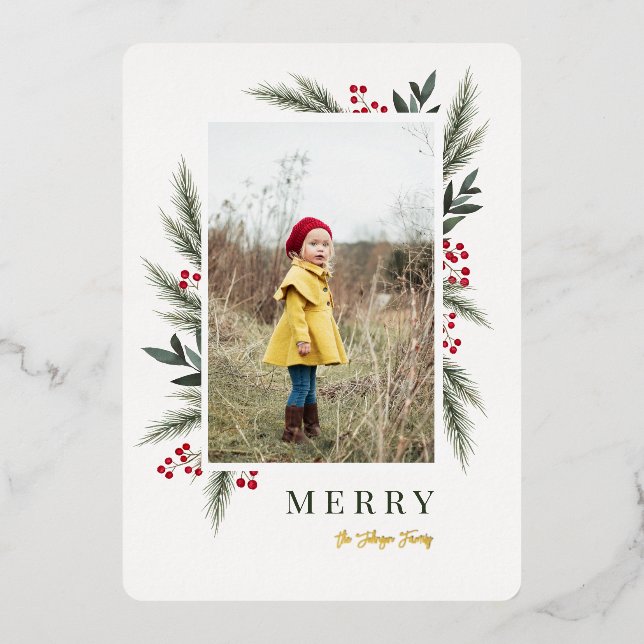 Christmas Greenery Berry Frame Photo Foil Holiday Card (Front)