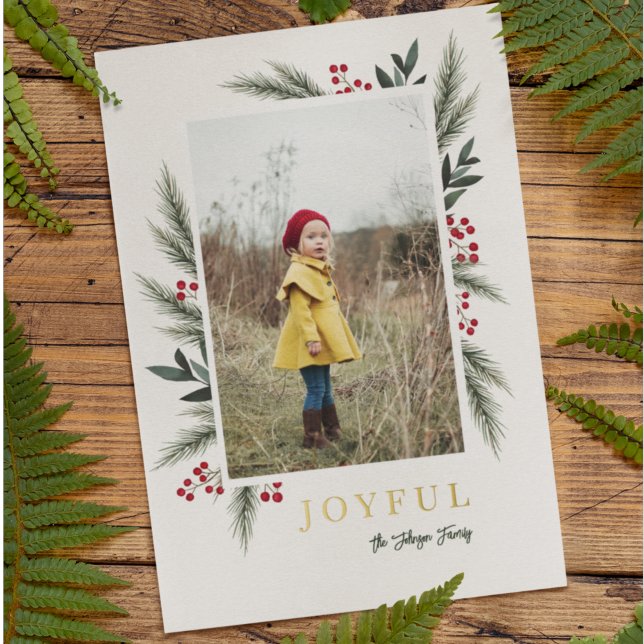 Christmas Greenery Berry Frame Photo Foil Holiday Card (Creator Uploaded)