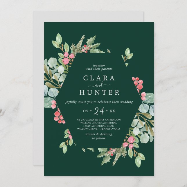 Christmas Greenery & Berry | Green Casual Wedding Invitation (Front/Back)