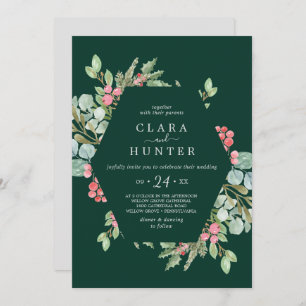 Christmas Greenery & Berry   Green Casual Wedding Invitation