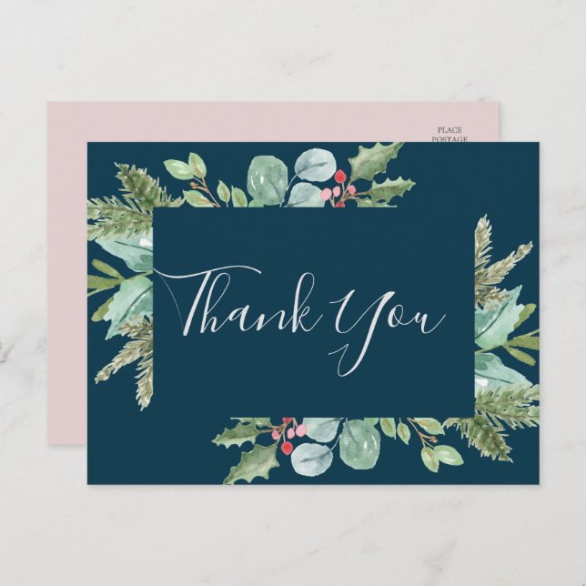 Christmas Greenery & Berry Navy Thank You Postcard (Front/Back)
