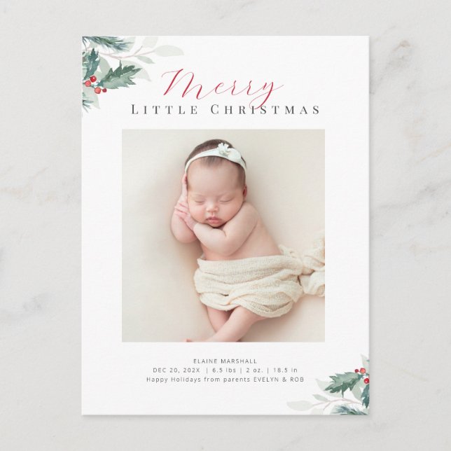 christmas greenery birth announcement  postcard (Front)