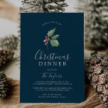 Christmas Greenery Christmas Dinner | Navy Invitation<br><div class="desc">This Christmas greenery Christmas dinner blue invitation card is perfect for a simple holiday event. The winter holiday design features soft sage green watercolor holly branch with sprigs of classic red holly berries.</div>