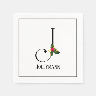 Christmas Greenery Elegant Monogram Letter J Paper Napkin