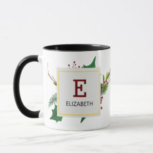 Christmas Greenery Elegant Red Monogram Black Mug