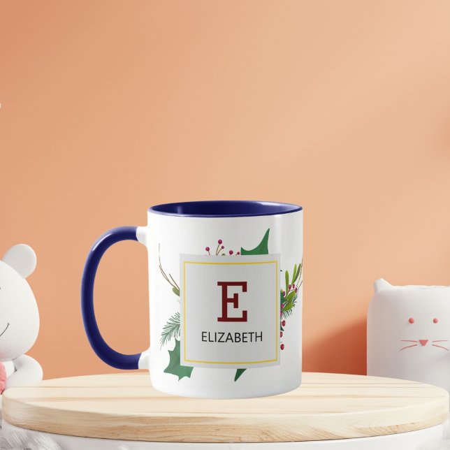Christmas Greenery Elegant Red Monogram Blue Mug (Creator Uploaded)