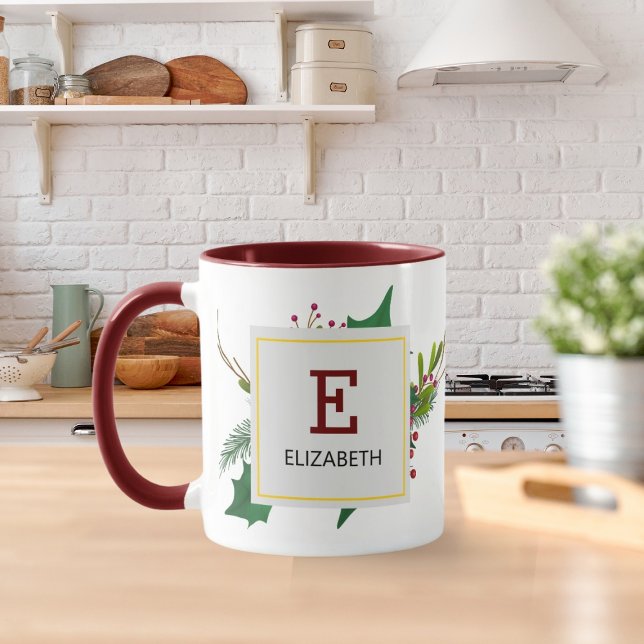 Christmas Greenery Elegant Red Monogram Maroon Mug (Creator Uploaded)