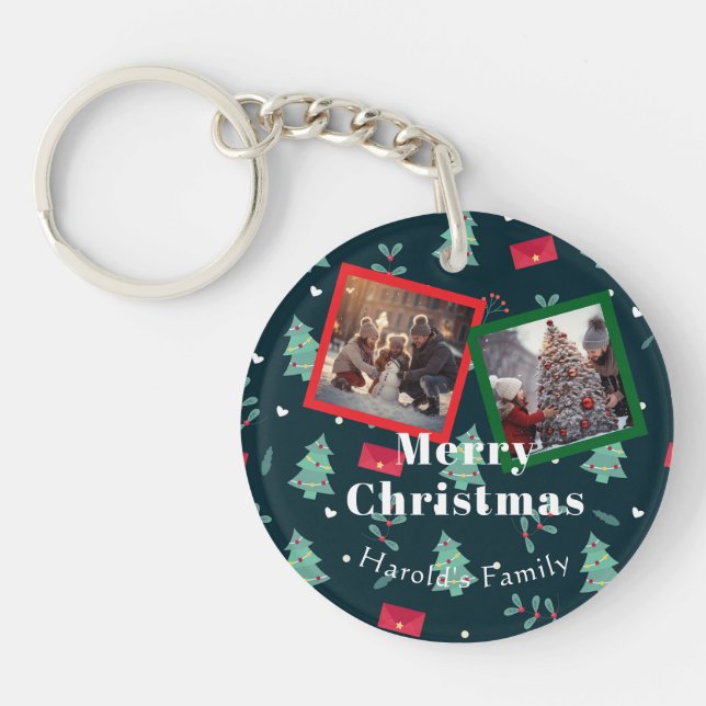 Christmas Greenery Family Photo Monogram  Key Ring (Front)