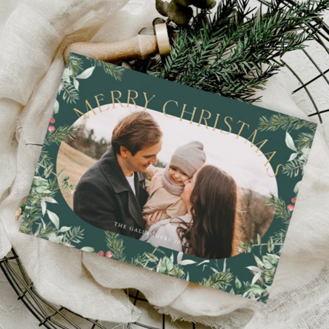 Christmas Greenery Foliage Gold Glitter Photo  Holiday Card (Christmas foliage greenery photo holiday card.)
