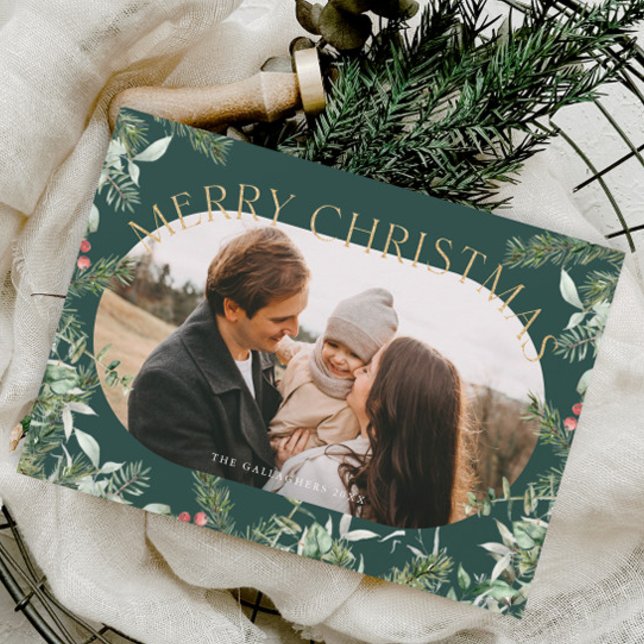 Christmas Greenery Foliage Gold Glitter Photo  Holiday Postcard (Elegant Christmas Greenery Foliage Photo Holiday Postcard.)