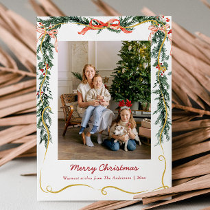Christmas Greenery Garlands and Bow 1 Photo Holiday Card