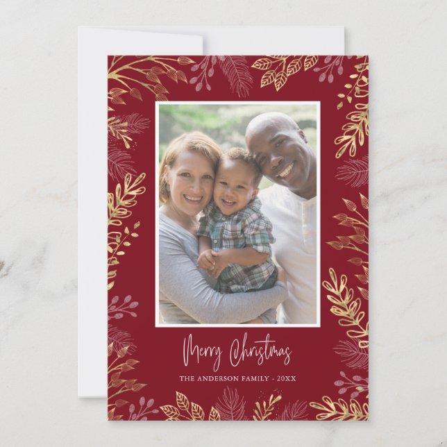 Christmas Greenery Gold and red 2 Photos Holiday Card (Front)
