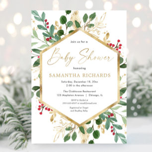 Christmas greenery gold red hollies baby shower invitation