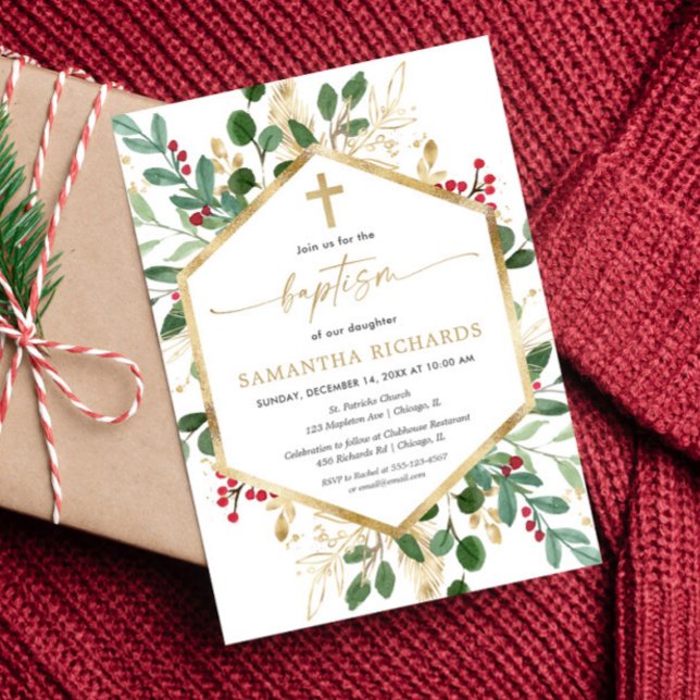 Christmas greenery gold red hollies Baptism Invitation (Creator Uploaded)