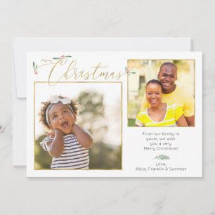 Christmas Greenery + Gold Typography 2-Photo Holiday Card