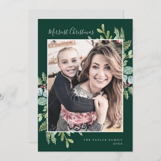 Christmas Greenery Green Merriest Christmas Photo Holiday Card (Front/Back)