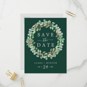 Christmas Greenery   Green Wreath Save the Date Invitation Postcard