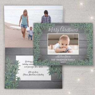 Christmas Greenery & Grey Wood 2 Photo Folded Holiday Card