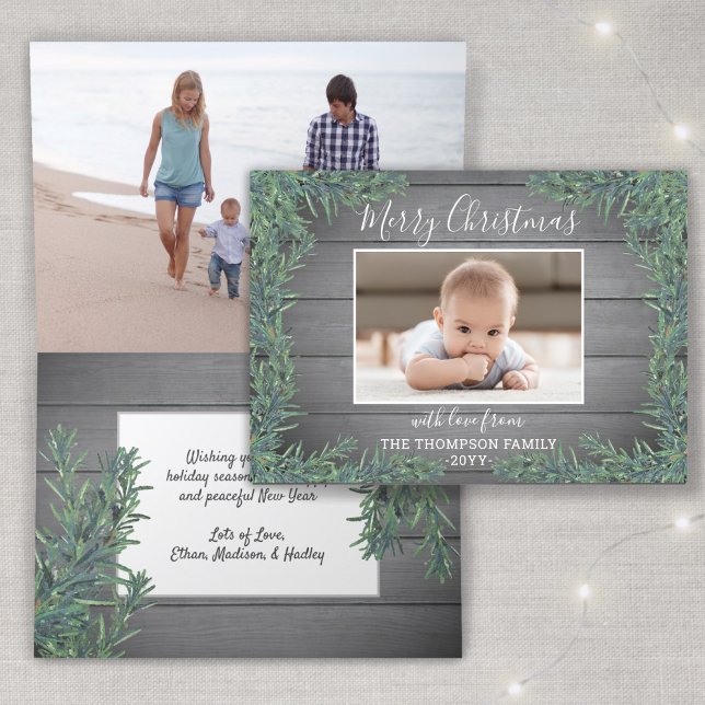 Christmas Greenery & Grey Wood 2 Photo Folded Holiday Card (Creator Uploaded)