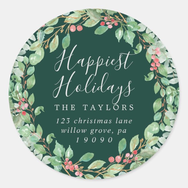 Christmas Greenery Happiest Holidays Envelope Classic Round Sticker (Front)