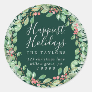 Christmas Greenery Happiest Holidays Envelope Classic Round Sticker