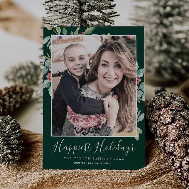 Christmas Greenery Happiest Holidays Family Photo Holiday Card (Creator Uploaded)