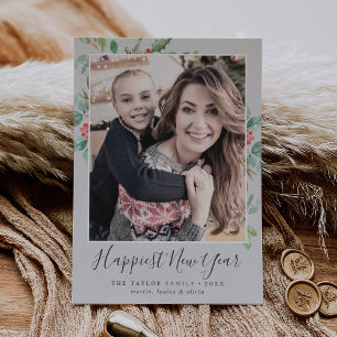 Christmas Greenery Happiest New Year Family Photo Holiday Card
