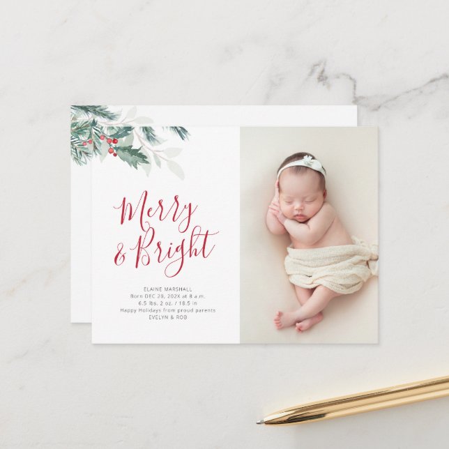 christmas greenery holiday birth announcement postcard (Front/Back In Situ)