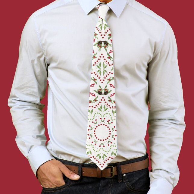 Christmas Greenery Holly Berries Mandala Style Tie (Holiday pattern red and green mens neck tie. )