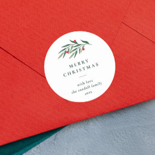 Christmas Greenery Leaves Minimal Typography White Classic Round Sticker