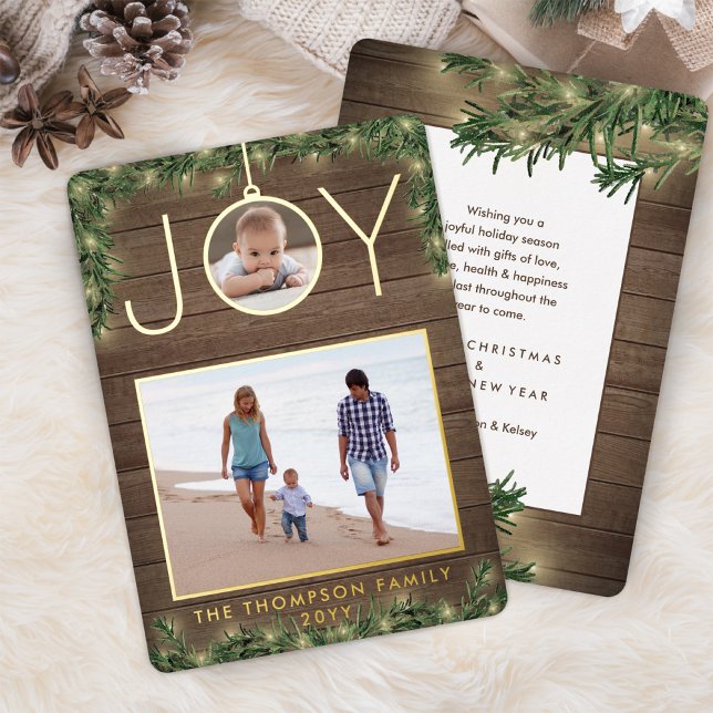 Christmas Greenery & Lights 2 Photo Joy Ornament Foil Holiday Card (Creator Uploaded)