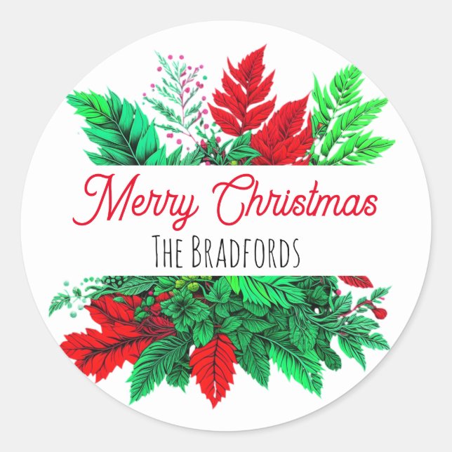 Christmas Greenery | Merry Christmas Personalised Classic Round Sticker (Front)