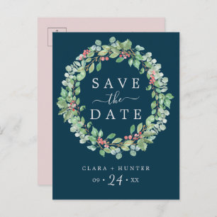 Christmas Greenery   Navy Wreath Save the Date Invitation Postcard