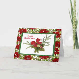 Christmas Greenery on Poinsettia Background Holiday Card