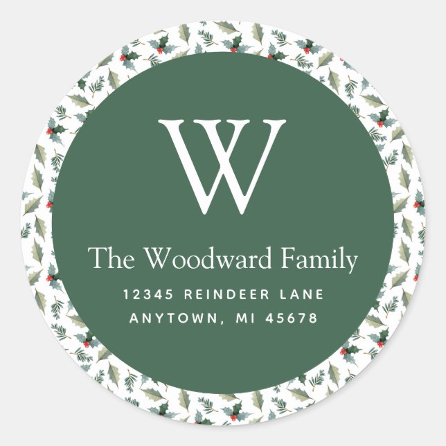Christmas Greenery Pattern Address Classic Round Sticker (Front)