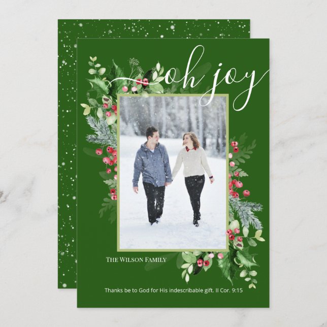 Christmas Greenery Photo Calligraphy Religious Holiday Card (Front/Back)