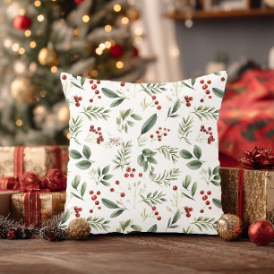 Christmas Greenery & Red Berries Watercolor Cushion