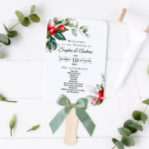 Christmas Greenery & Red Berries Wedding Program Hand Fan