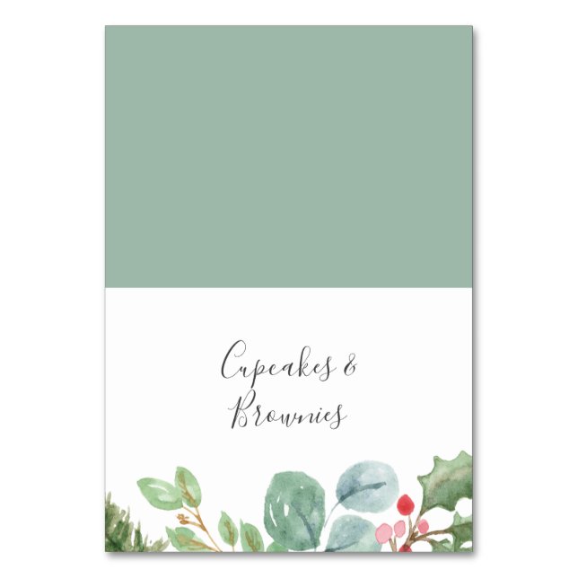 Christmas Greenery & Red Berry Buffet Food Labels Table Number (Front)