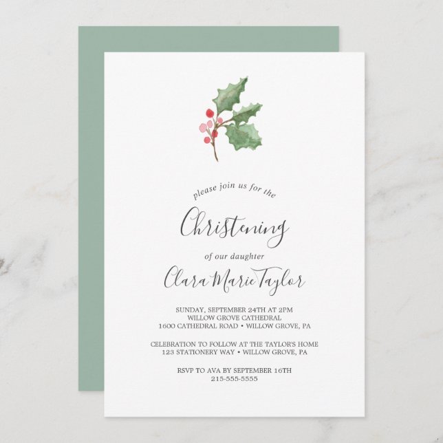 Christmas Greenery & Red Berry Christening Invitation (Front/Back)