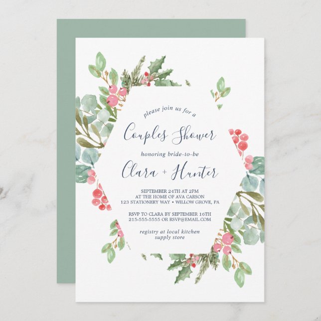 Christmas Greenery & Red Berry Couples Shower Invitation (Front/Back)