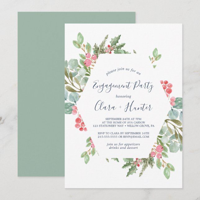 Christmas Greenery & Red Berry Engagement Party Invitation (Front/Back)