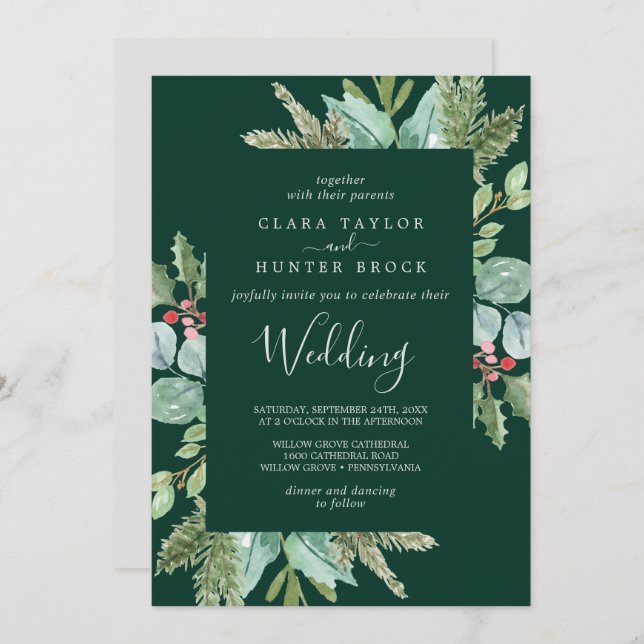 Christmas Greenery & Red Berry | Green Wedding Invitation (Front/Back)