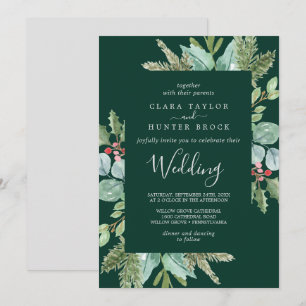 Christmas Greenery & Red Berry   Green Wedding Invitation