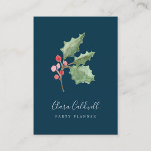 Christmas Greenery & Red Berry Navy Business Card