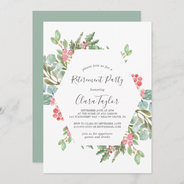 Christmas Greenery & Red Berry Retirement Party Invitation (Front/Back)